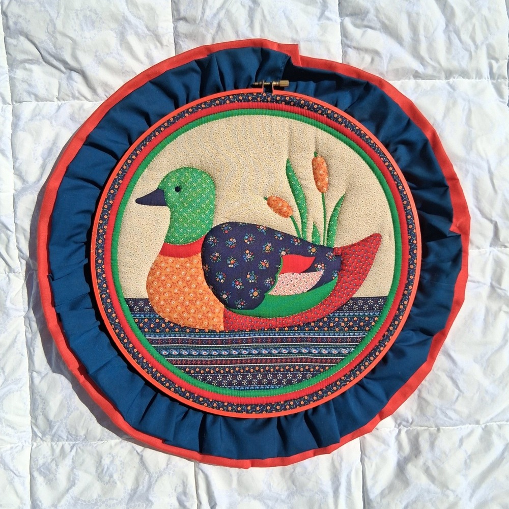 Vtg Handmade Quilted Mallard Duck Wall Hanging Hoop Art Cottagecore Grannycore